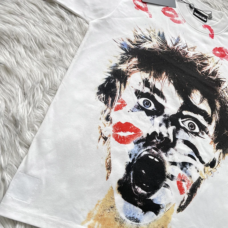 Pure Cotton Short Sleeve T-Shirt Abstract Pattern Silent Scream Print American Style Breathable Casual round Neck Top for Youth