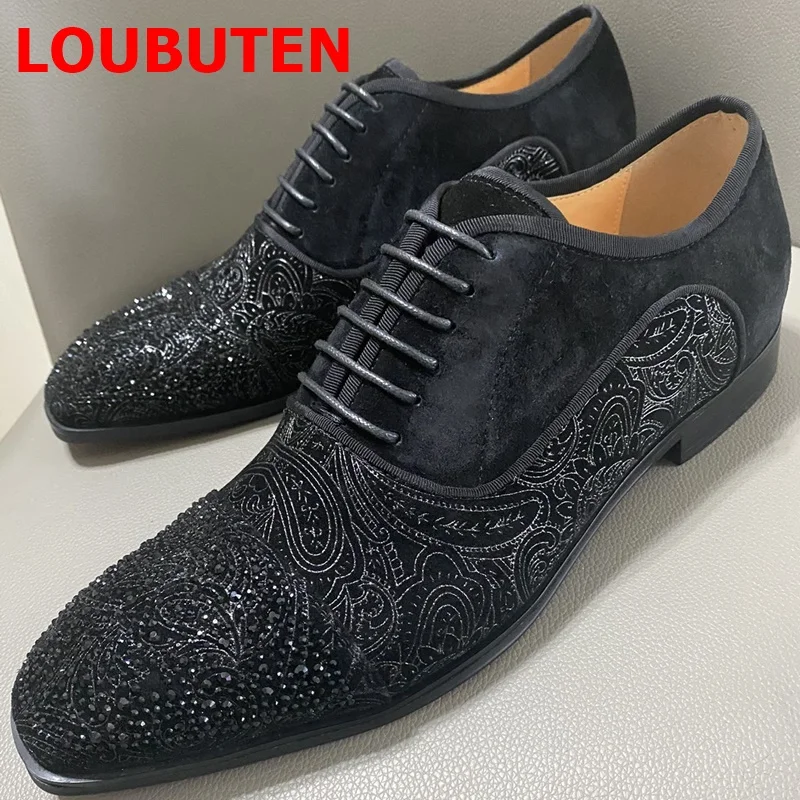 LOUBUTEN Black Men Suede Dress Shoes Rhinestone Shoes Fashion Lace-up Embroidery Formal Shoes Red Bottom Wedding Shoes