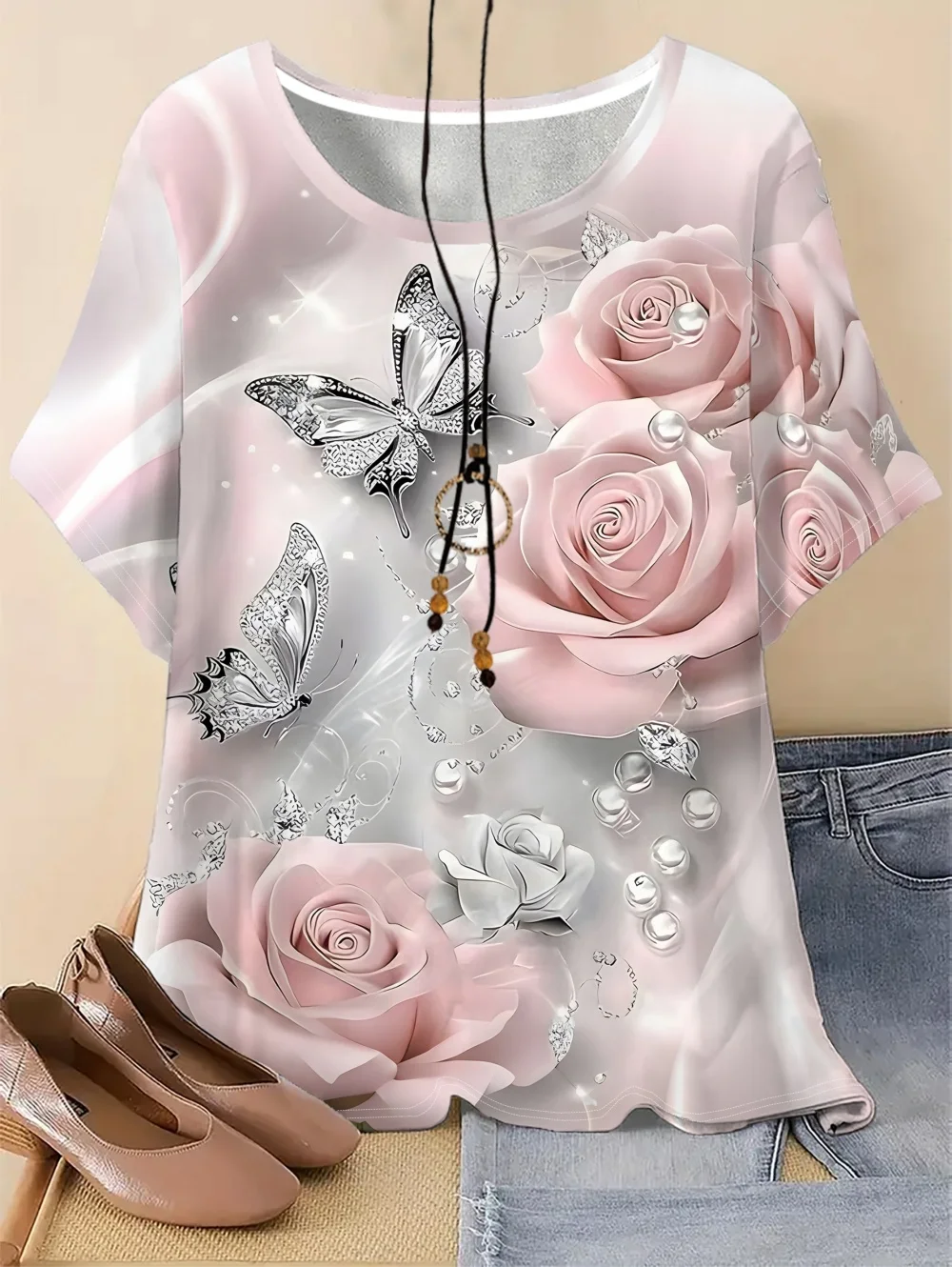 Vintage Lässiges Kurzarm-T-Shirt mit Rundhalsausschnitt für Damen, Sommer-Blumen-T-Shirt, Batik-Oberteil, 3D-Druck, lockere Mode-Damenbekleidung – Detail 7