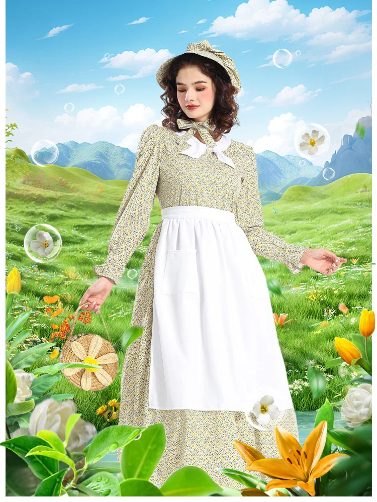 زي الهالوين البراري الاستعماري الأصفر فستان زهري المئزر الزي الرائد