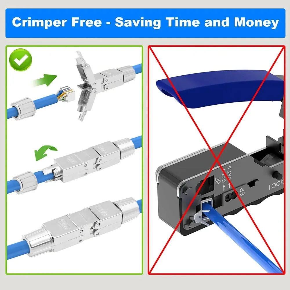 Cat6A Cat7 Cable Extender Junction Adapter RJ45 Cable Extension Connector Full Shielded Toolless for Ethernet Installation Cable