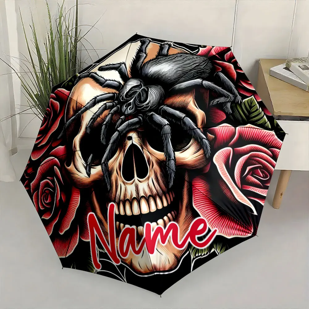 Custom Name Skull and Spider Design Umbrella with Roses Print 8 Iron Ribs Folding Umbrella Auto-Open Fashion Sunshade