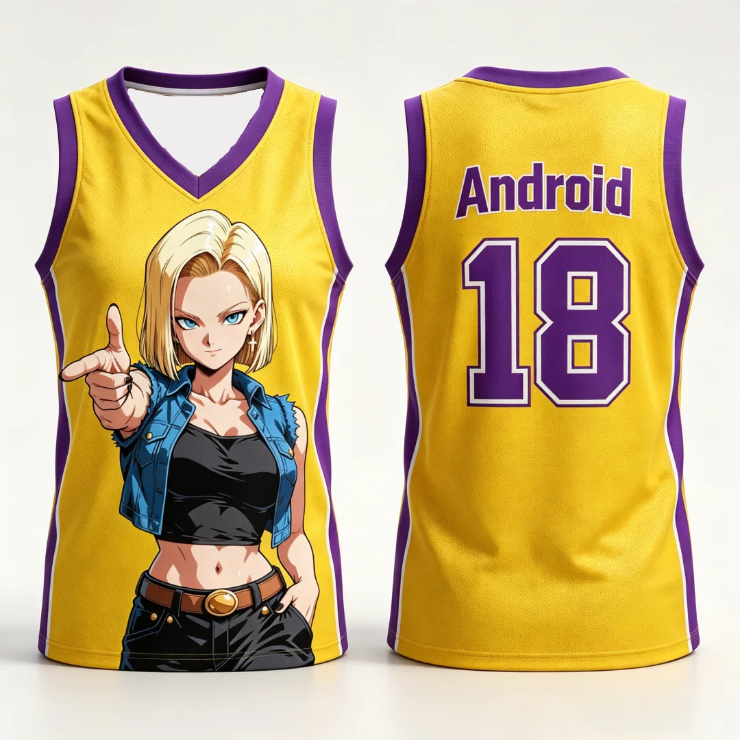 Dragon Ball Künstliche Person Nr. 18 Basketball-Anzug 3D-Druck Sport-Tanktop Street-Anime-Stil Familien- und Kinderkleidung