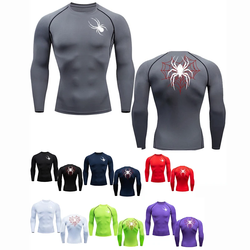 Spider Print Compressie Shirts voor, Mannen Atletische Sneldrogende T-shirts Tops Gym, Workout Running Ondershirts, Basislaags Rash Guard