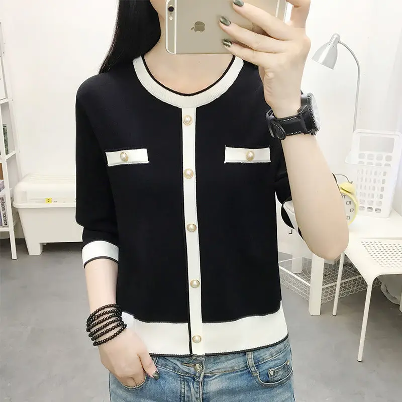 Buttons Crew Neck Knitted Thin Tops Cardigans Sweater Korean Fashion Coats Seven-part Sleeve Jacket Plus Size Sweaters