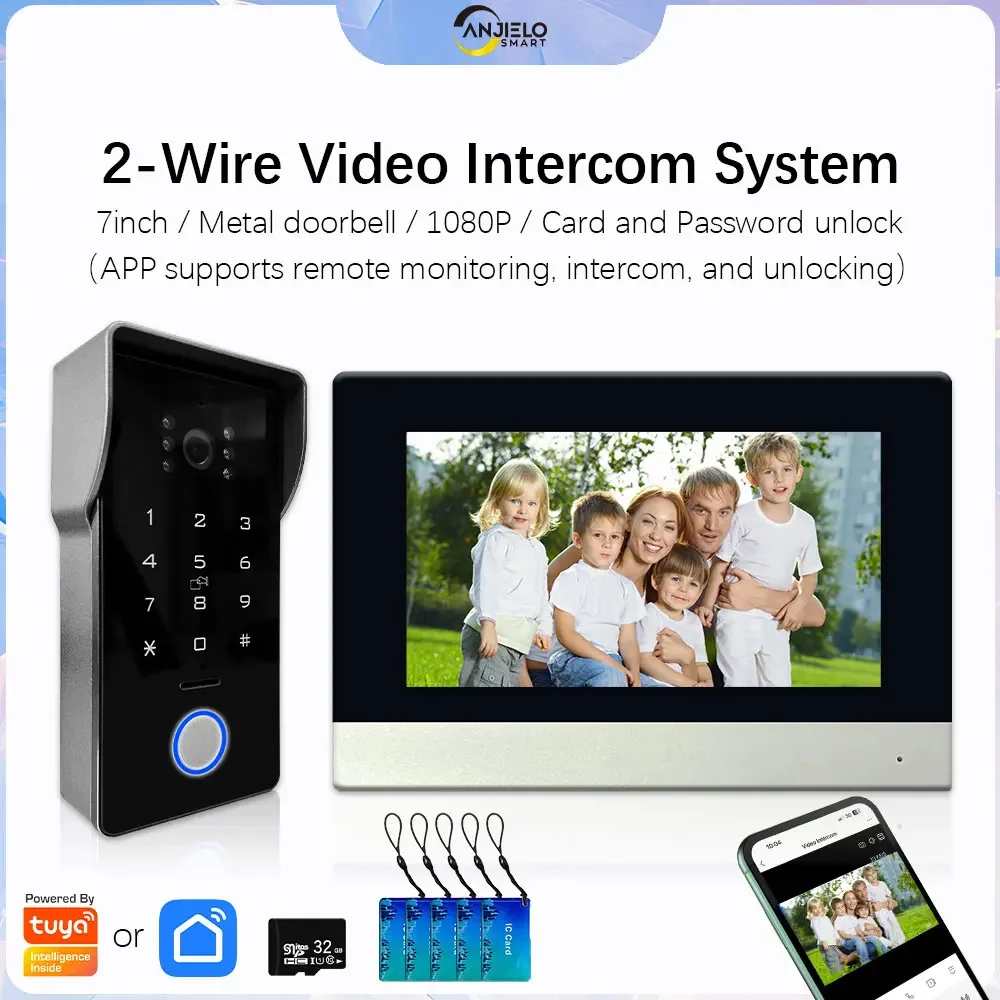 ANJIELO Tuya Smart Home IP 2-wired Doorbell Video Intercom System with Password IC Card Unlock 1080P 7inch Touch Monitor