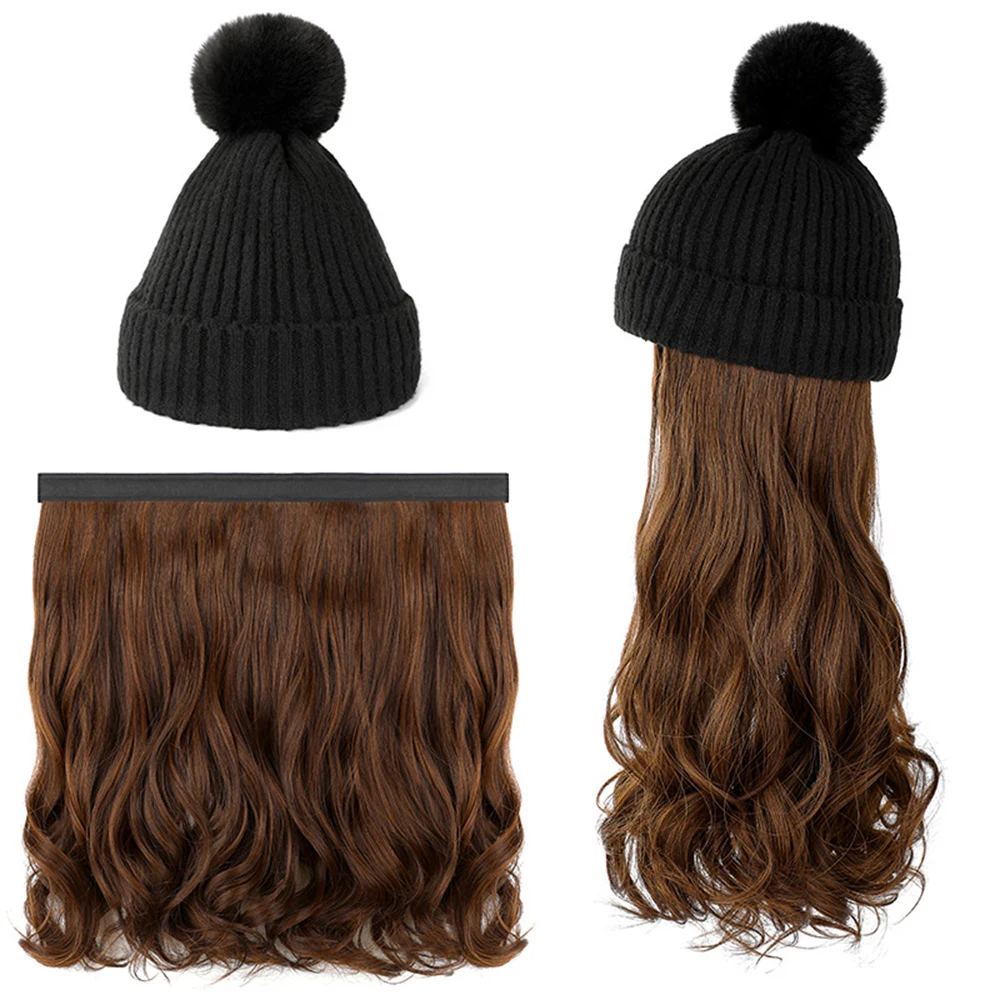 Synthetic Fashion Female Hat Wig Long Curly Hair Detachable In Autumn Winter Waving Wig With Hats For Birthday Gift