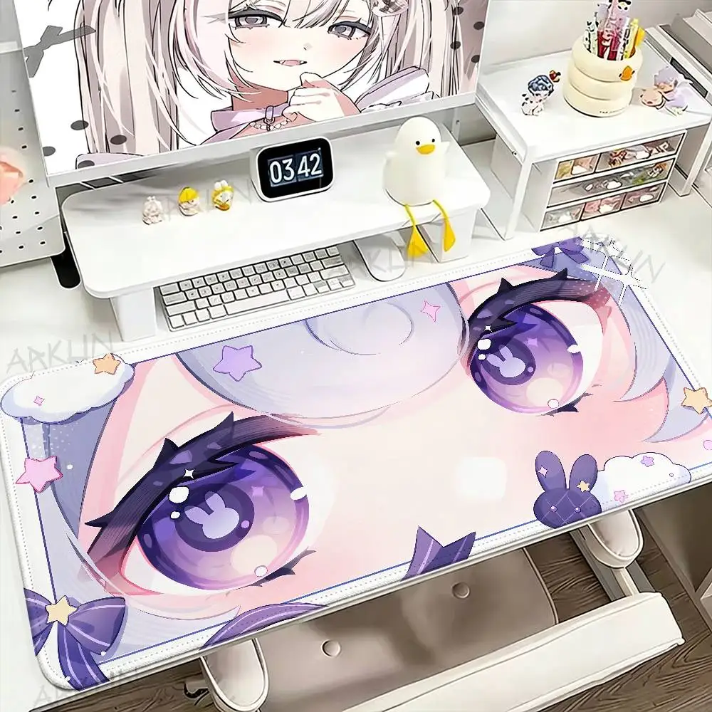 Cute Purple Anime Eyes Large Mouse Pad Kawaii Star Cloud Rabbit Pattern Gaming Non‑Slip Rubber Desk Mat Laptop Computer Office