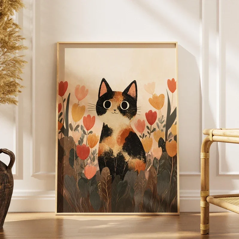 1pc frameless Canvas Painting Modern Calico Cat Poster Tortoiseshell Cat Prints Canvas Painting Cozy Whimsical Wall Art Pictures