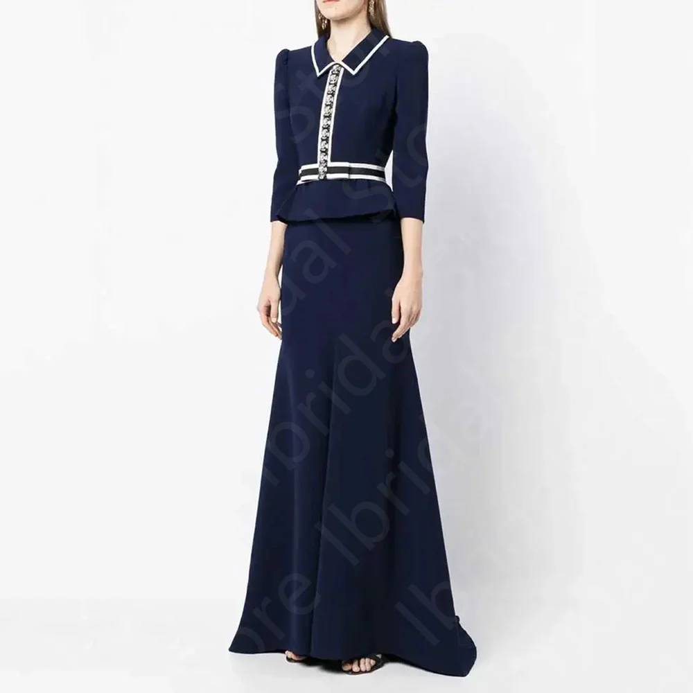 

Customized Gorgeous Navy Blue Evening Dresses 2025 Mermaid Prom Gowns V Neckline 3/4 Sleeves Wedding Guest Dresses Sweep Train