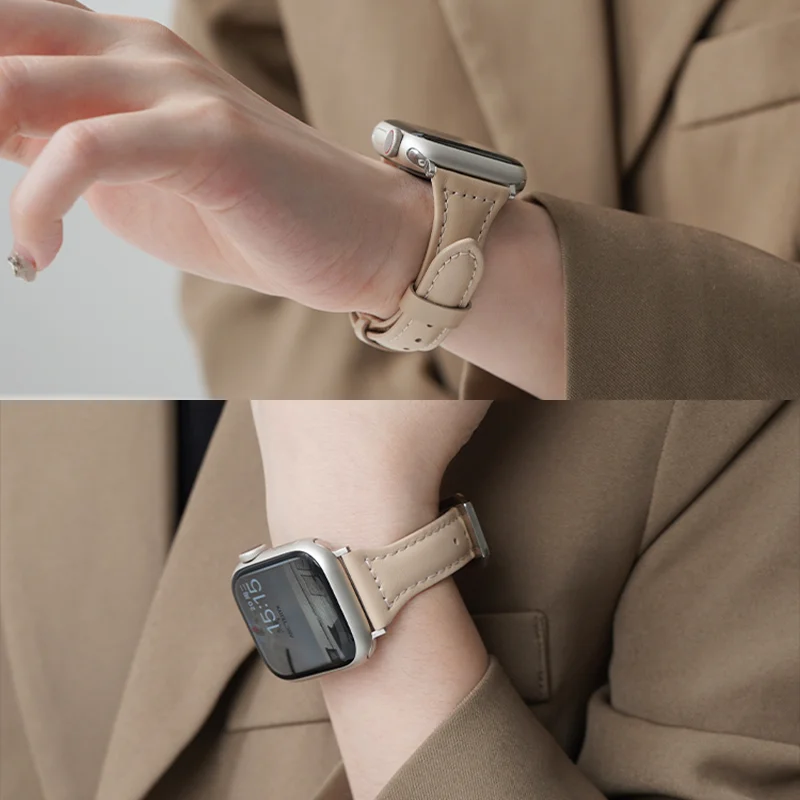 애플 워치 밴드용 슬림 가죽 스트랩, 아이워치 시리즈 10, 7, 8, 9, SE, 6, 5, 4, 울트라 2, 44mm, 45mm, 49mm, 41mm, 40mm, 38mm, 42mm, 46mm