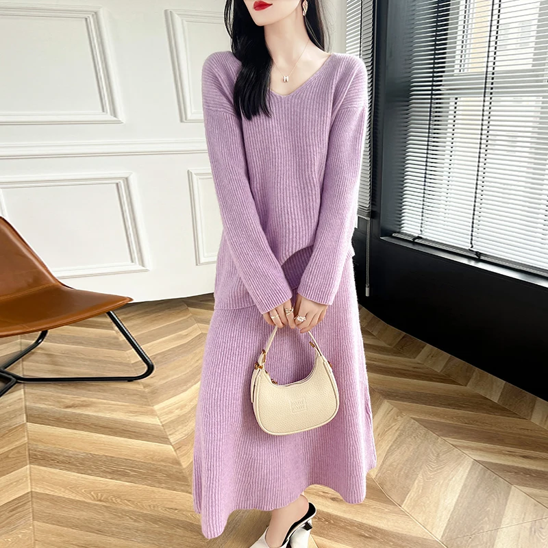 2024 Autumn/Winter Wool Suit Hot Sale Women Pure Wool Sweaters And Pants 100% Wool Knitted Loose  Leisure Warm Wool Set