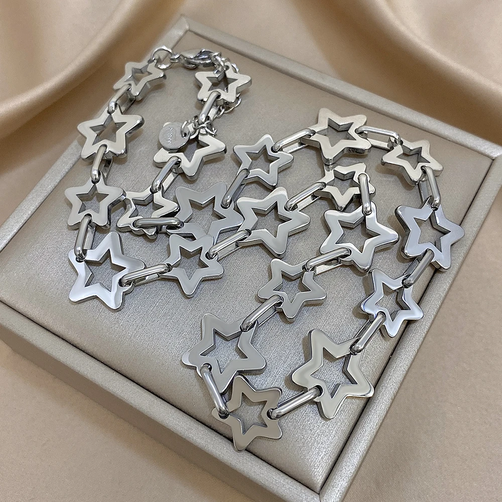 Mode Edelstahl Gold Silber Farbe Halskette für Frauen Nette Hohle Sterne Link Kette Halsketten Wasserdicht Schmuck Geschenke – Detail 13