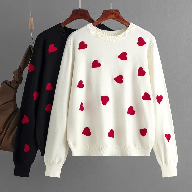 

2023 New Christmas Love Flocking Knitted Pullover Sweater for Winter Women Soft Glutinous Sweater Women Pullovers Jumper Autumn