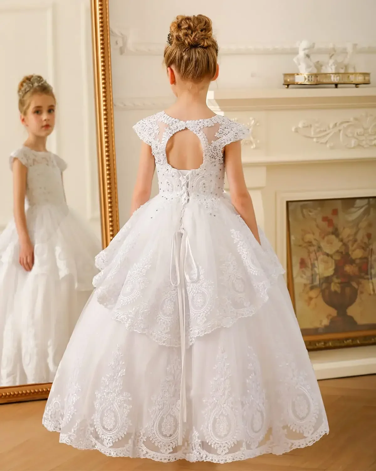 Fower-vestidos de novia para niña, Mangas de casquillo, Pagenat, vestido largo para niños pequeños, Apliques de encaje de cuentas, vestidos de primera comunión, blanco