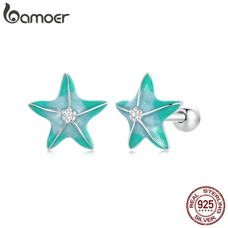 BAMOER 925 Sterling Silver Blue Starfish Stud Earrings Platinum Plated Simple Earrings for Women for Girls Fine Jewelry Gift