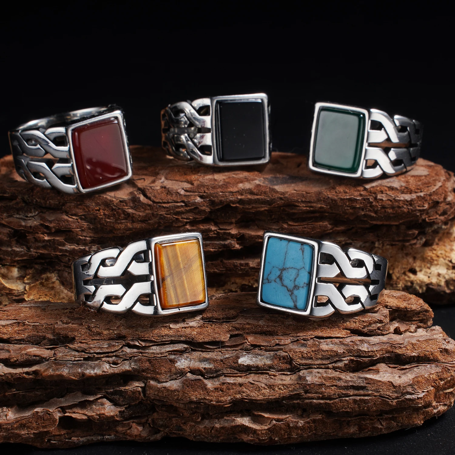 

1pc Men's Vintage 316L Stainless Steel Ring with Natural Tiger's Eye Stone Turquoise- Intricate Detailing, Unisex Jewelry