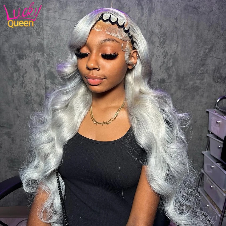 

Silver-gray Human Hair 613 Colorful Wigs 180 Density Brazilian Frontal Grey Body Wave Transparent Lace with Baby Hair For Women