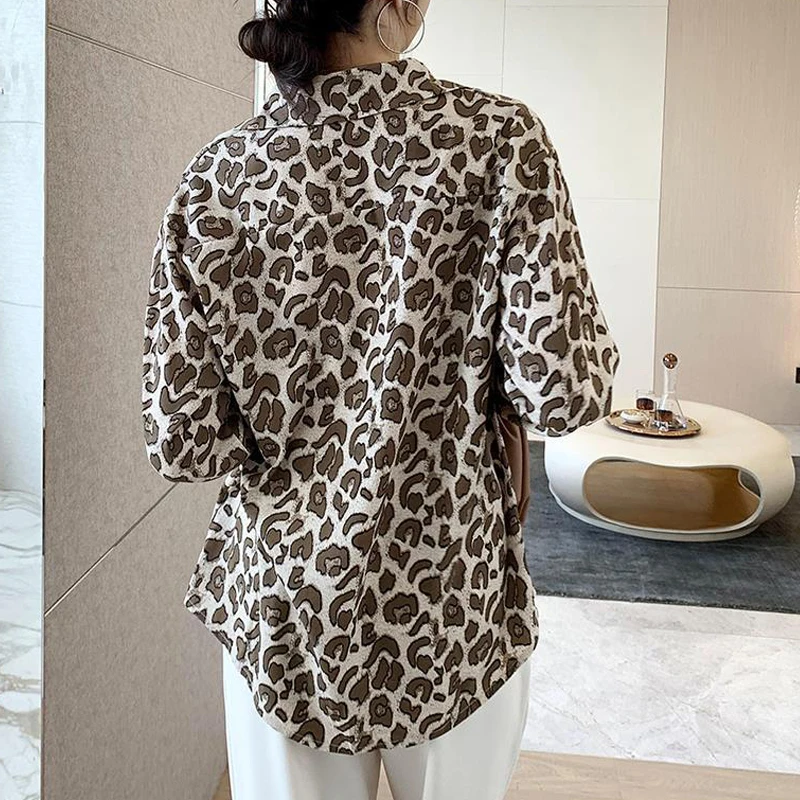 Women\'s Clothing Vintage Leopard Print Oversized Blouse Trendy Long Sleeve Button Shirt Casual Streetwear Tunic Tops Y2K Blusas