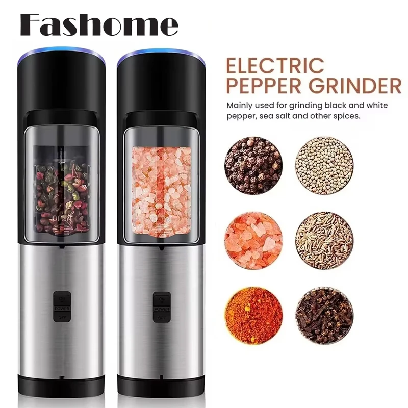 

1/2pcs Stainless Steel Electric Pepper Grinder Spice Salt Pepper Mills Adjustable Coarseness BBQ Tools Kitchen Mill Grinders