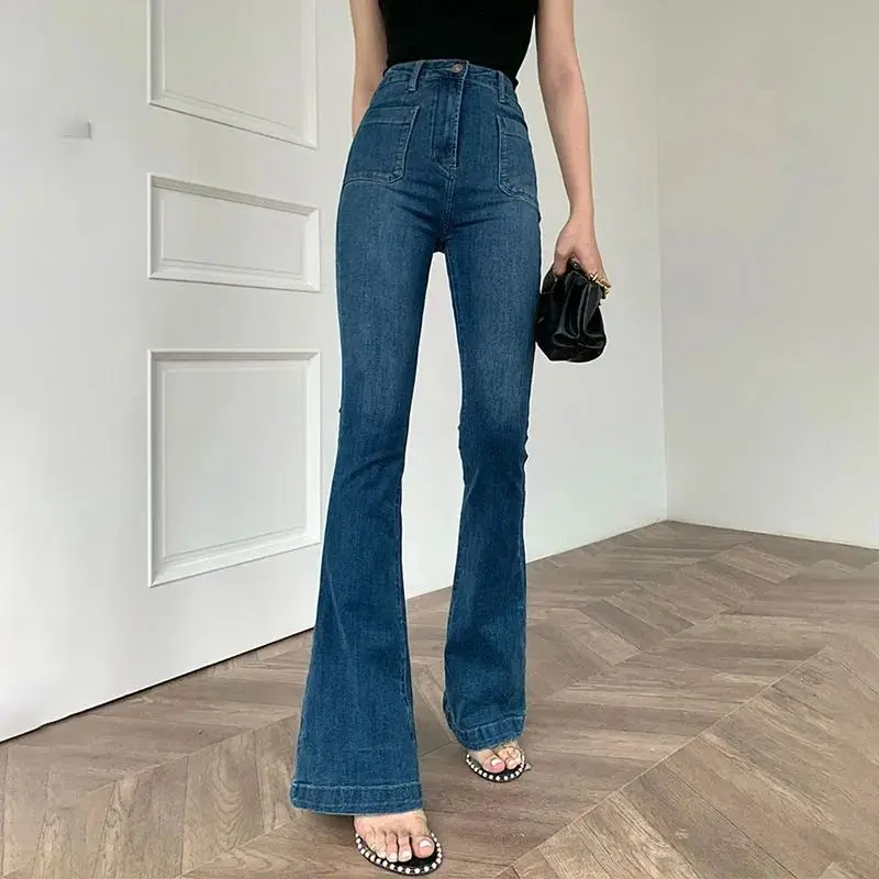 American Retro Micro Flared Jeans Women 2023 Fashion New High Waist Elastic Slim Maxi Denim Pants Female S-4XL