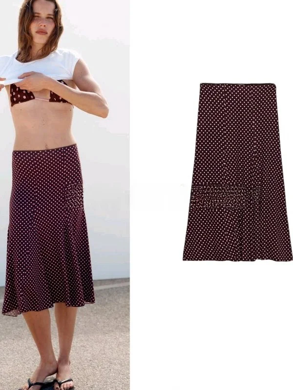 Summer Casual Vacation Style Midi Skirt Women's Elastic Waist Polka Dot A-Line Skirt City Walk Polyester Fiber Loose Fit