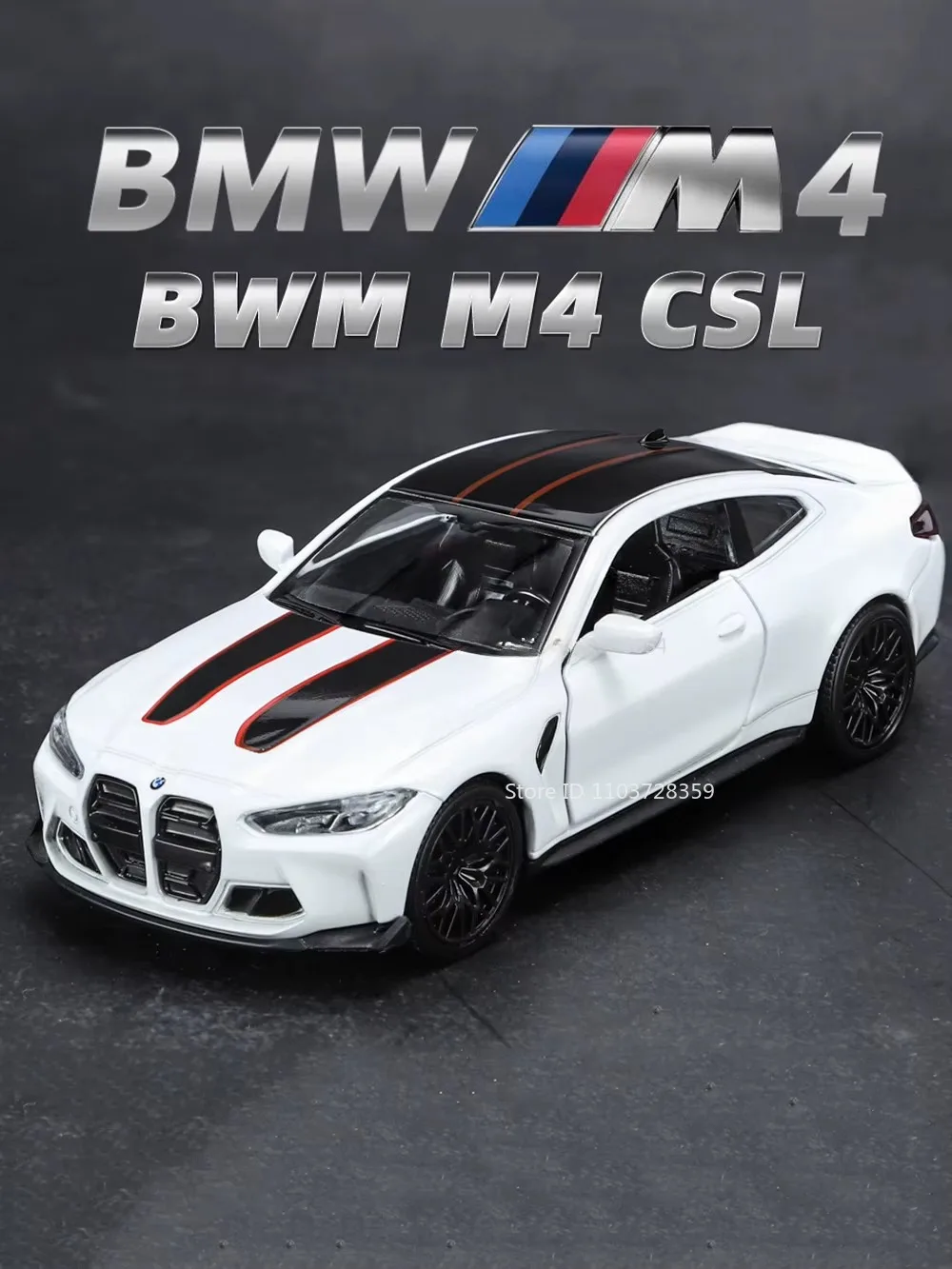 1:36 Modellauto BMW M4 CSL M3 1987, Miniaturautos, Legierung, Druckguss-Türen, geöffnet, zurückziehbare Gummireifen, Ornament, Spielzeug für Kinder, Geschenke – Detail 1