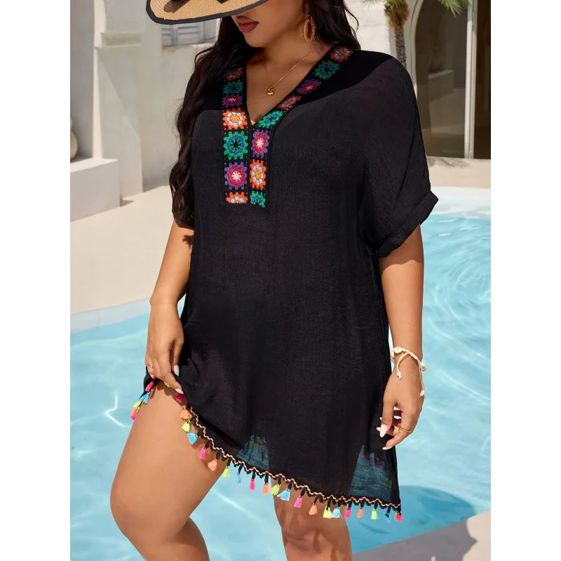 MOXDOWomen's Plus Size Bohemian Crochet Beach Dress, Loose Flowy Vacation Cover-up with Tassels view 5