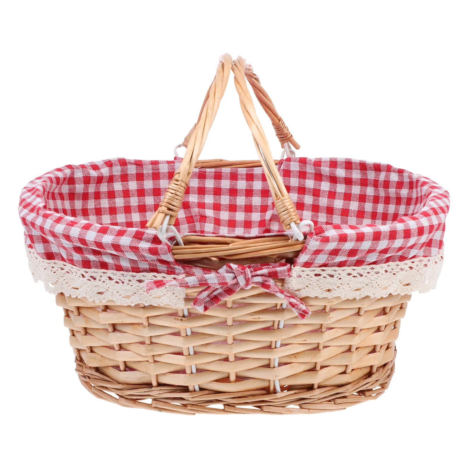 

1pc Large Natural Red Checkered Woven Picnic Basket Storage Container for Fruit Snacks Home Decor Lightweight