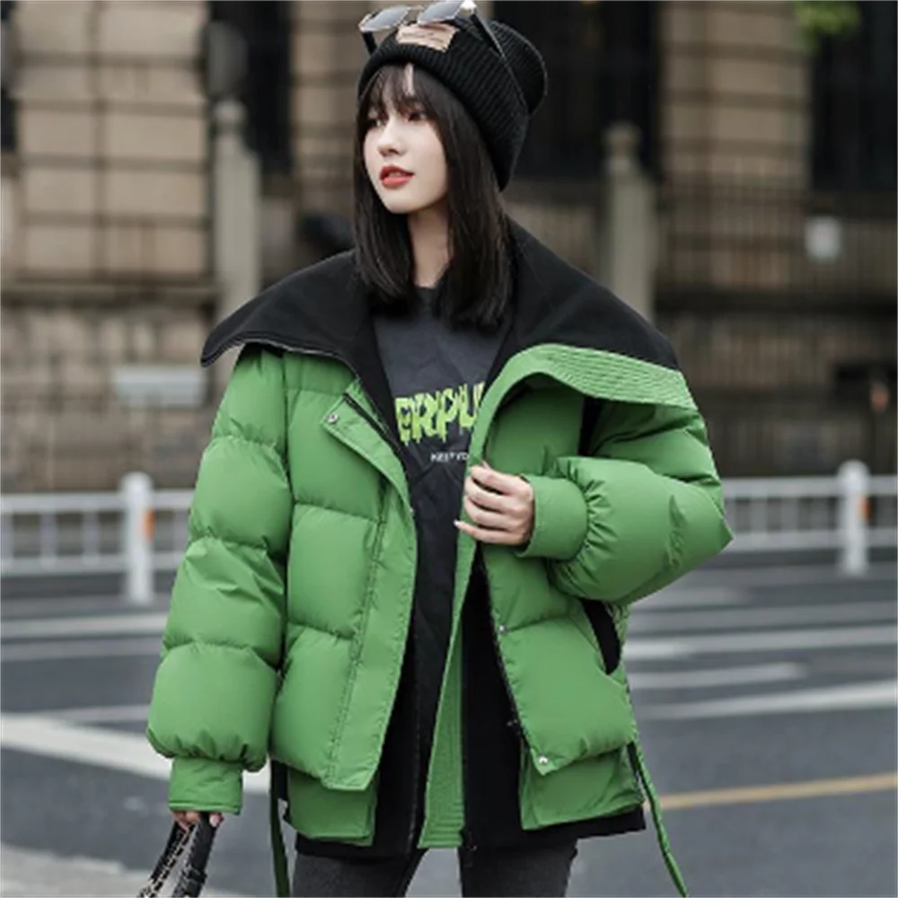 

Patchwork large lapel down jacket autumn winter new warm loose coat women