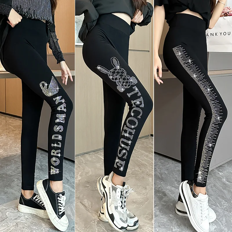 Women\'s High Waist Leggings Slim Skinny Tight Pants Bright Drill Sexy breathable Push Up Tights Super Stretchy Casual Pants 2024