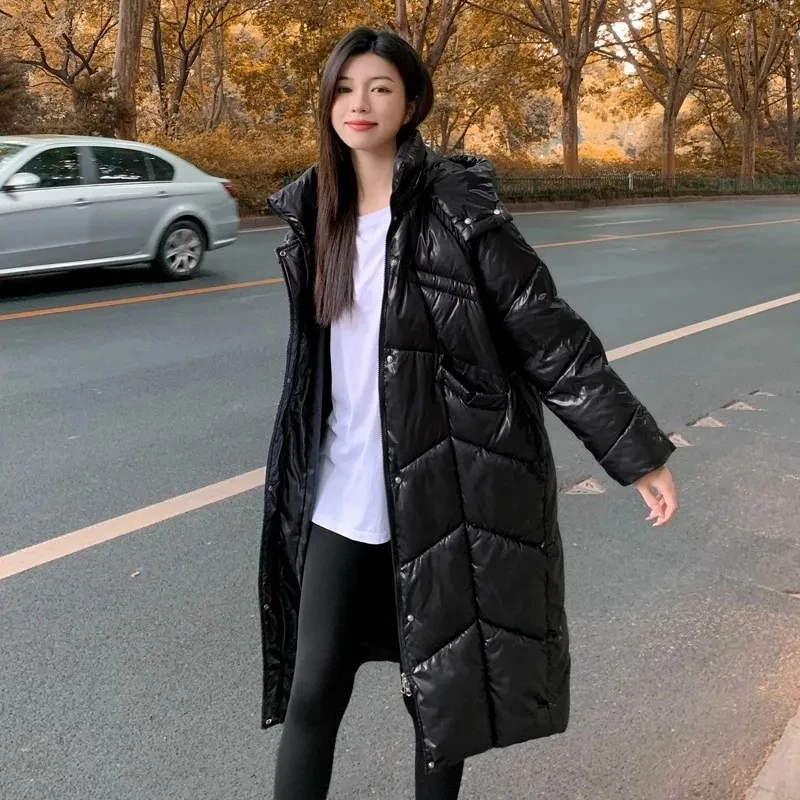 Warm Winter Puffy Hooded Long Women Parkas Glossy Thick Cotton Padded Windproof Parcas Overcoat Casual Loose Snow Wear Jaquetas