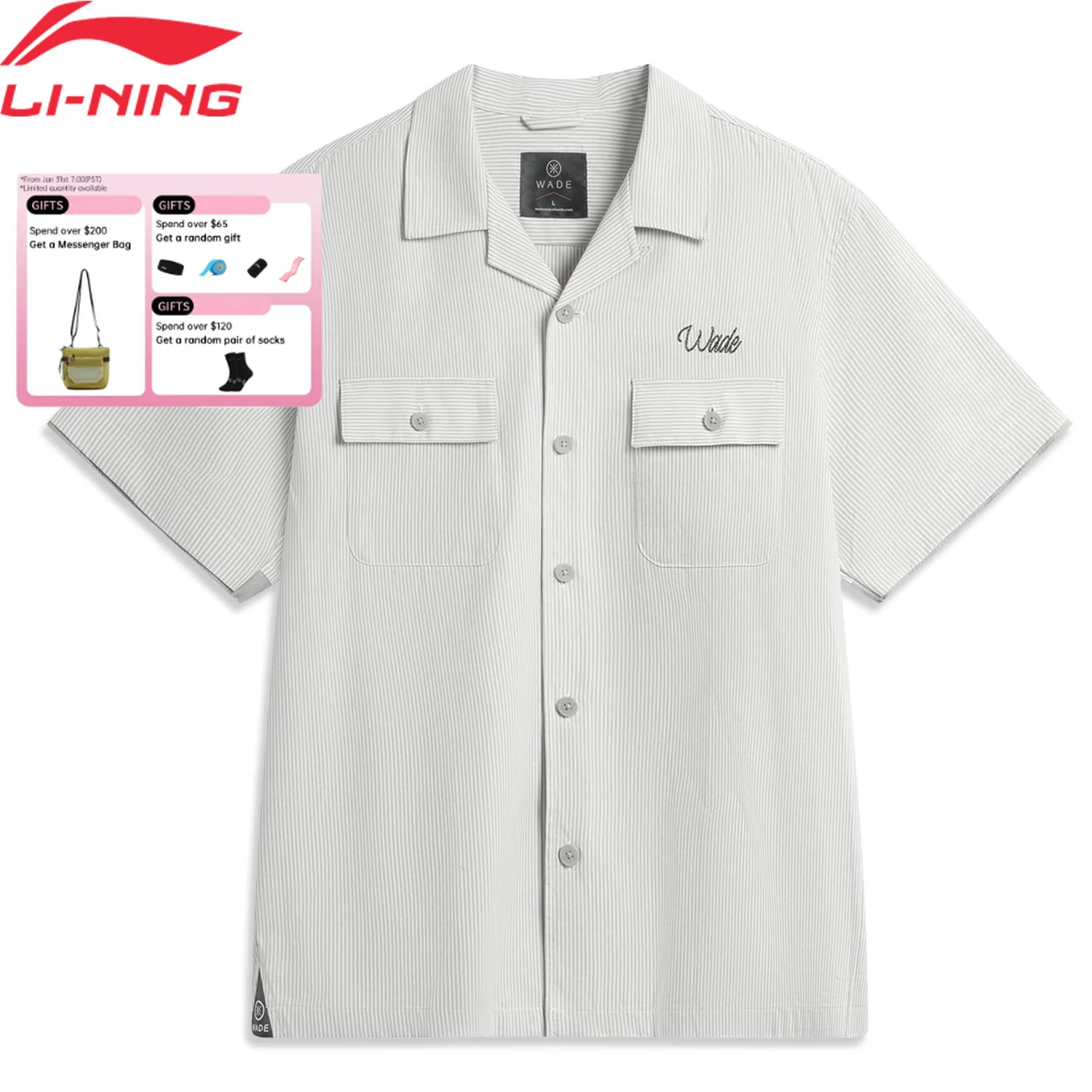 

Li-Ning Men's Wade Stripe Shirt 100%Cotton Loose Fit Fashionable LiNing Leisure Short Sleeve Tops ASHV169
