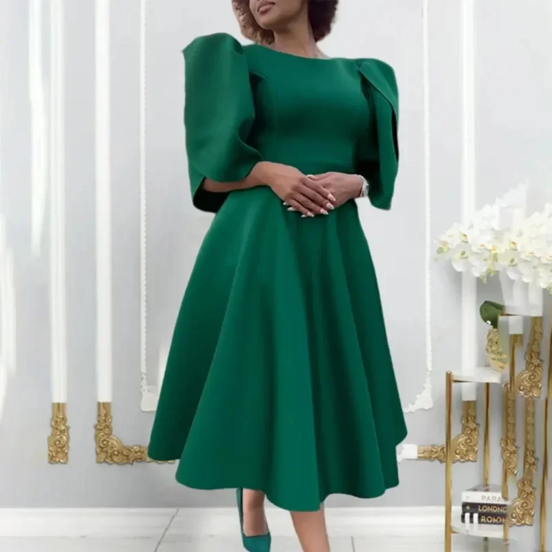 

African Clothing African Party Evening Dresses for Women Spring 2024 Elegant Half Sleeve Purple Green Blue O-neck Midi Dress