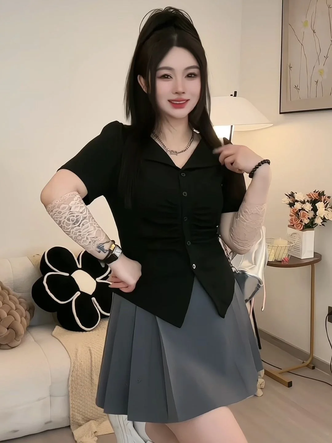 Sweet Folded Design V-Ne ort Sve Irregular Top Versatile Large Size Summer New Sle ular Chinese Cotton T-irt