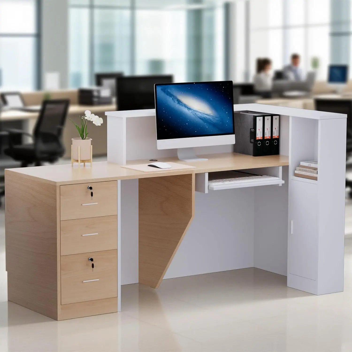 Reception Desk with Lockable Drawers, L-Shaped Large Wooden Modern Front Desk Reception Counter with Storage & Keyboard Tray, fo view 6