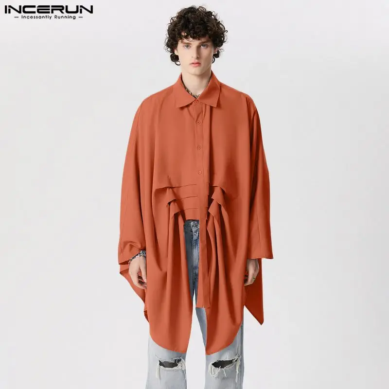 

INCERUN Tops 2024 Handsome Mens Solid Silhouette Bat Sleeve Pleated Shirts Male Streetwear Solid Loose Long Sleeved Blouse S-5XL