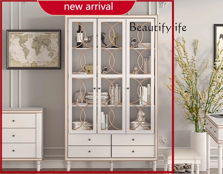 BJ Solid Wood American Light Luxury French Cream Wind Dust Custom Wine Cabinet Living Room Study Display Bookcase