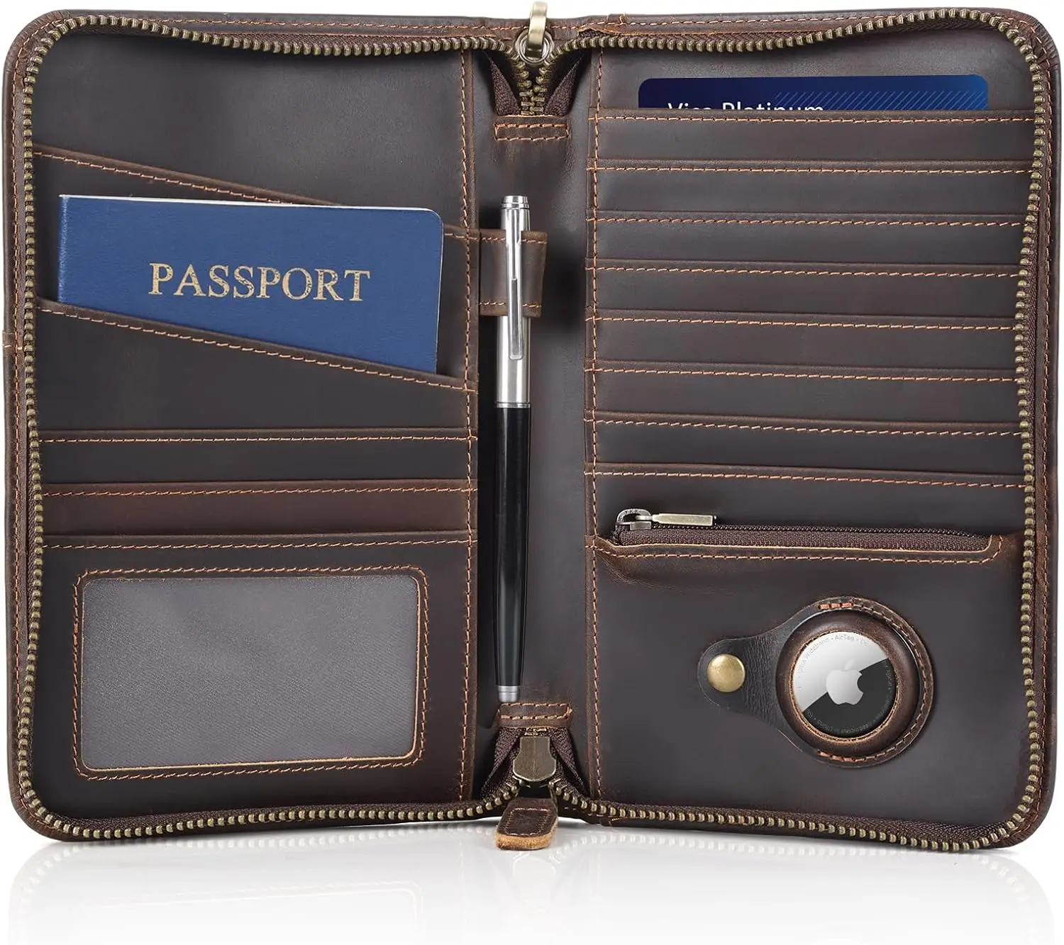 

Full Grain Leather Passport Holder with RFID Blocking, YKK Zipper, and AirTag Slot for Travel Document Organizer