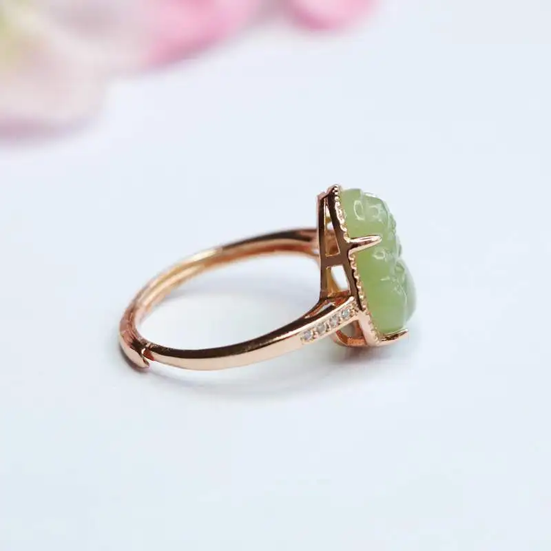 Hetian Qinghai Material Laughing Buddha Jade , 925 Sterling Silver Inlaid Adjustable Ring Women, Versatile