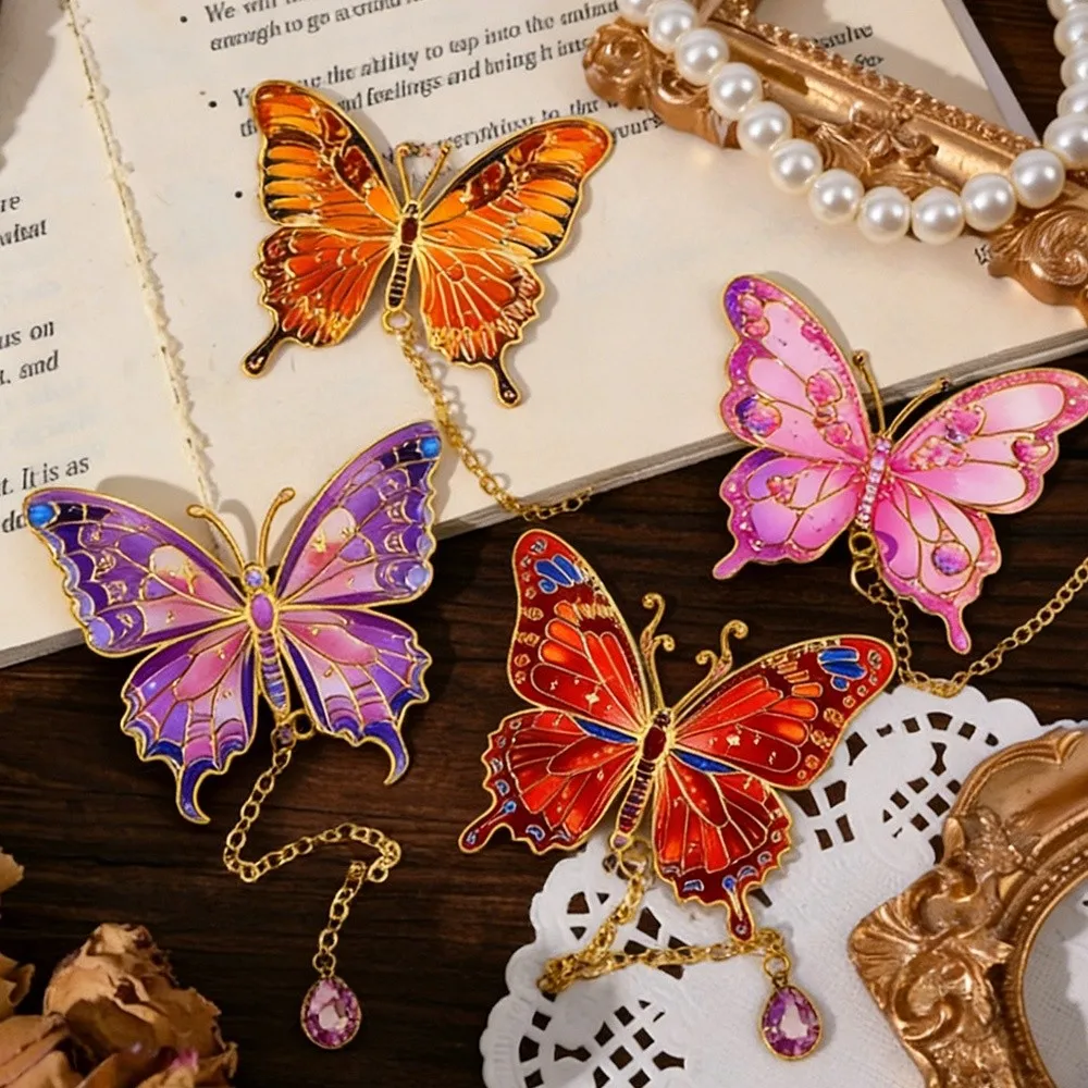 

Colorful Butterfly Bookmark With Chain Pendant Decorative Bronzing Bookmark Metal Stationery Book Page Clip Reading Accessories