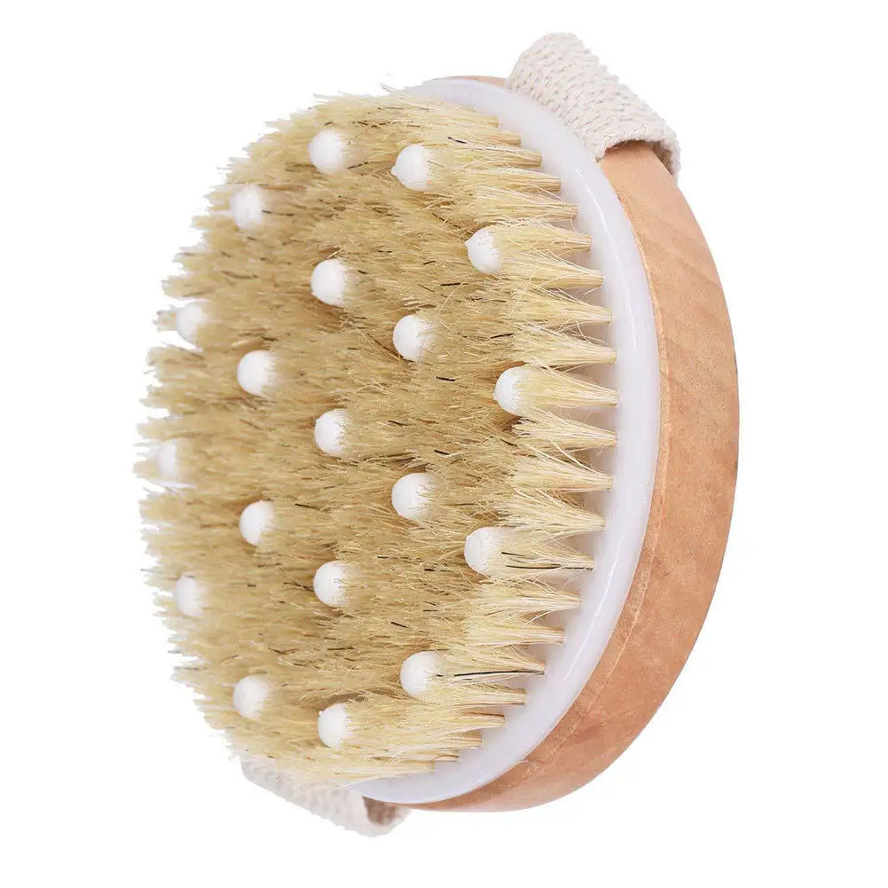 Bath Brush Wooden Natural Bristle Medium Stiffness Strap Exfoliating Massage Body Brush Removes Dead Skin Stimulates Circulation