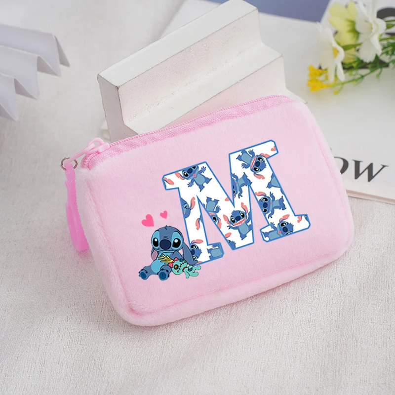 Disney Stitch Square Plush Coin Purse Girls Kawaii 26 Letter Printed Wallet Kids Portable Mini Storage Bag Child Birthday Gifts