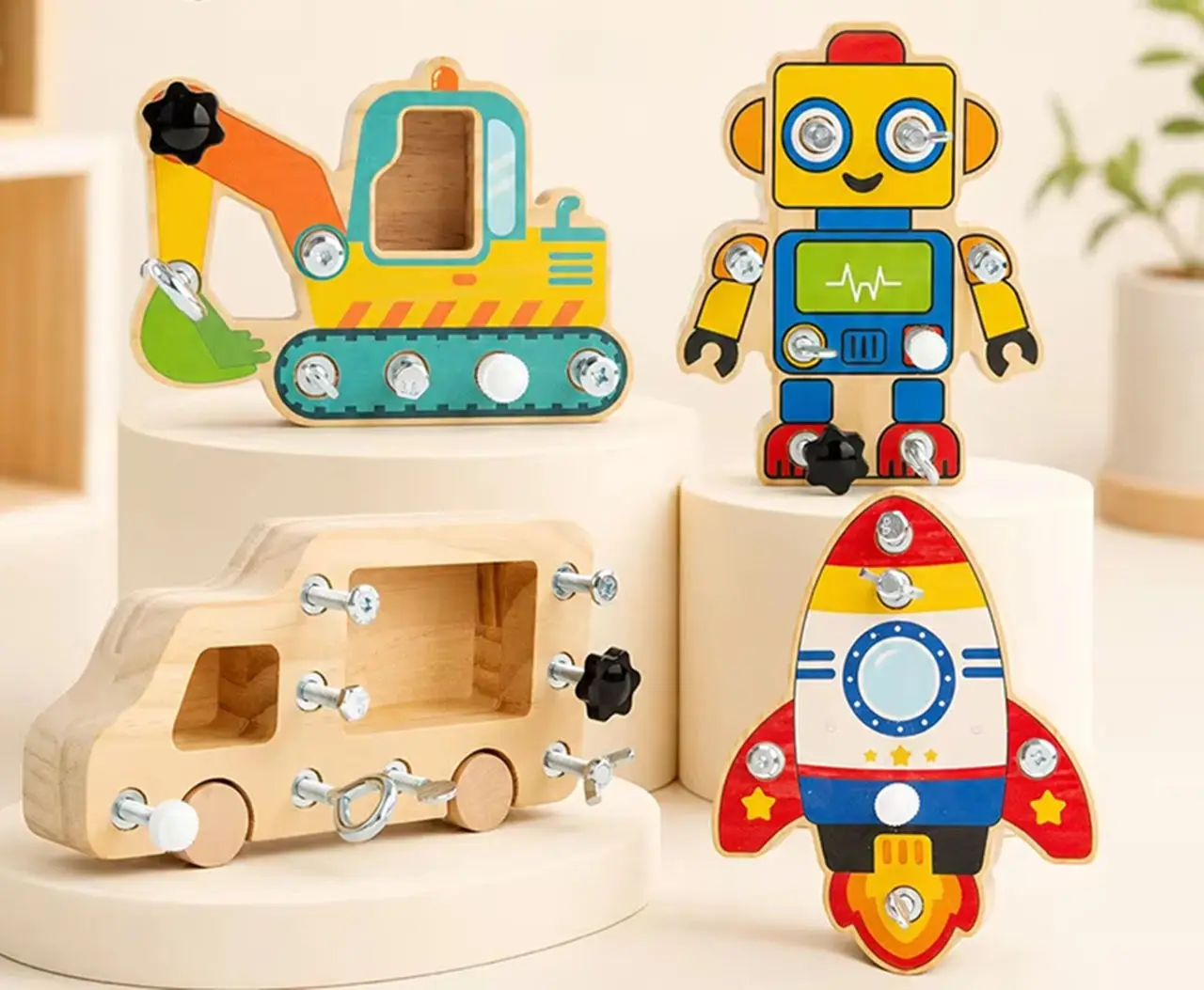 モンテッソーリ-木製ネジ分解おもちゃ、子供向け分解式車両ロボットロケットセット、微細運動能力トレーニング用早期教育おもちゃ