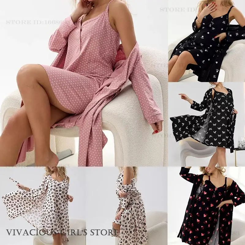 

Spring Summer New Women Nighty&Robe Set Sexy Mujer Lingerie Chemise Sleepwear Printed Suspender Nightdress Loose Homewear Pajama