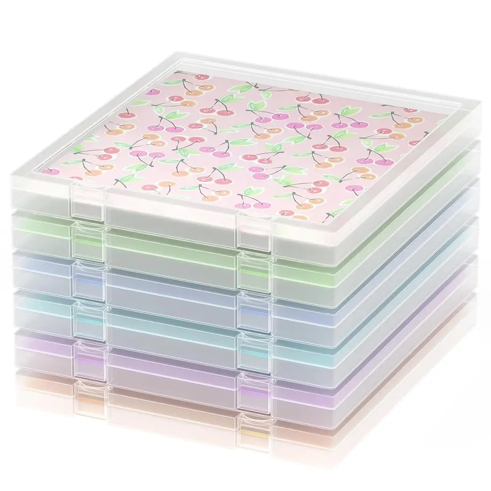 

Scrapbook Paper Box Set 6 Pack, 12x12 Scrapbook Organizer with U-Shaped Lock, Stackable Clear Plastic Craft File Organizer fo