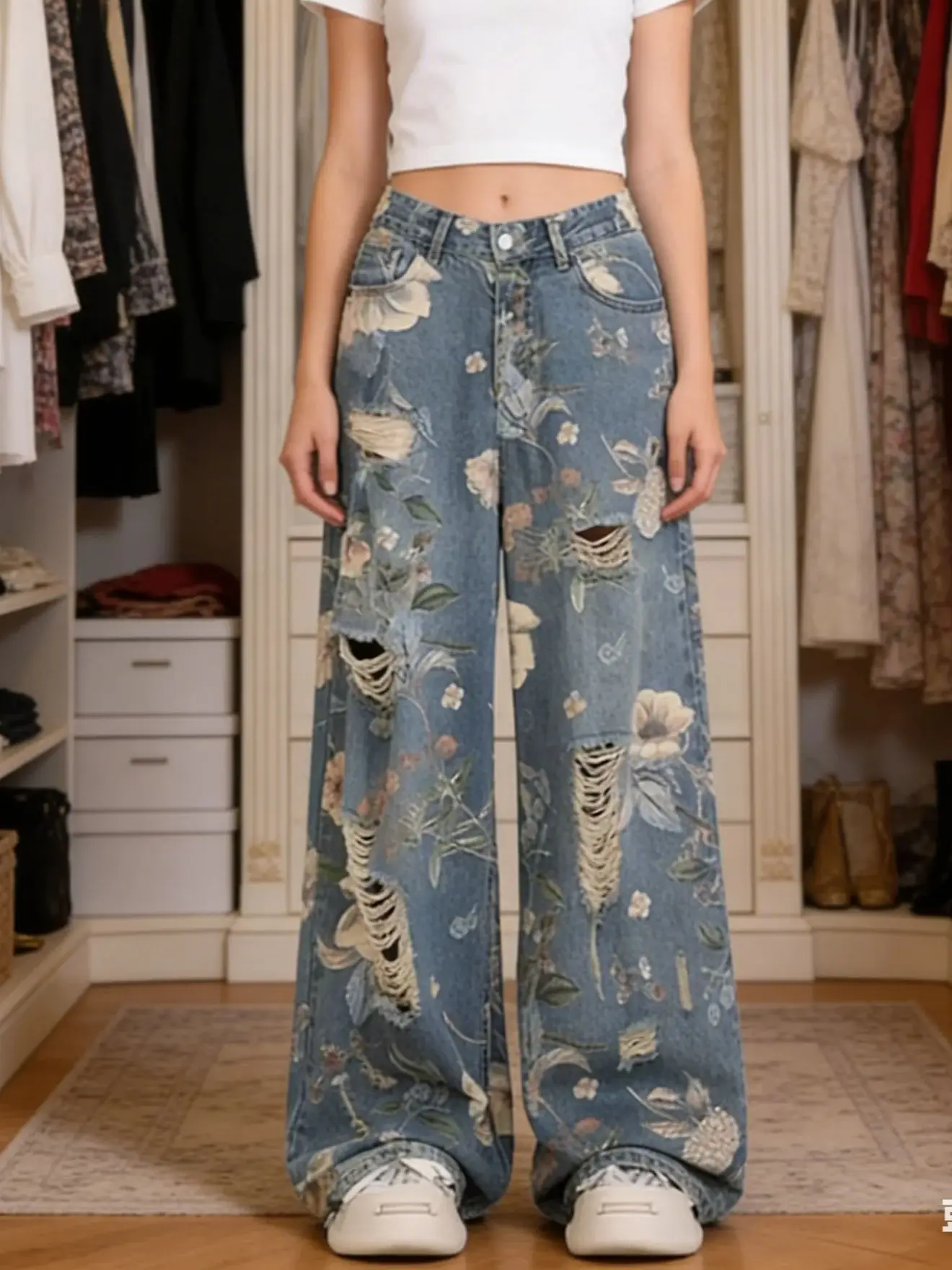 Women Blue Baggy Ripped Jeans Vintage Cowboy Pants Harajuku Graphic Print Denim Trousers Y2k Trashy Japanese 2000s Style Clothes