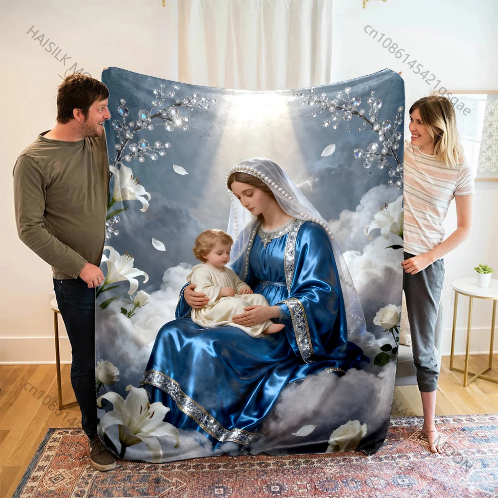 The Blue-clad Virgin Mary Embraces the Christ Child Blanket Warm Soft Fluffy Kids Adult Sofa Bed Throw Blanket Travel Camping RV