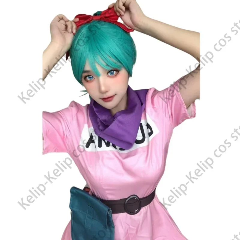 Bulma Cosplay Costume Pink Dress Headwear Purple Scarf Belt Bag Full Set for Women's Halloween Cosplay Costume Wig