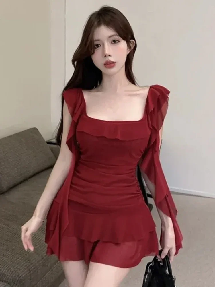 

Милое платье-жилет с оборками, летнее платье с тонкой талией нестандартной формы для женщин, новинка 2023 года, простое красное платье Vestidos De Mujer